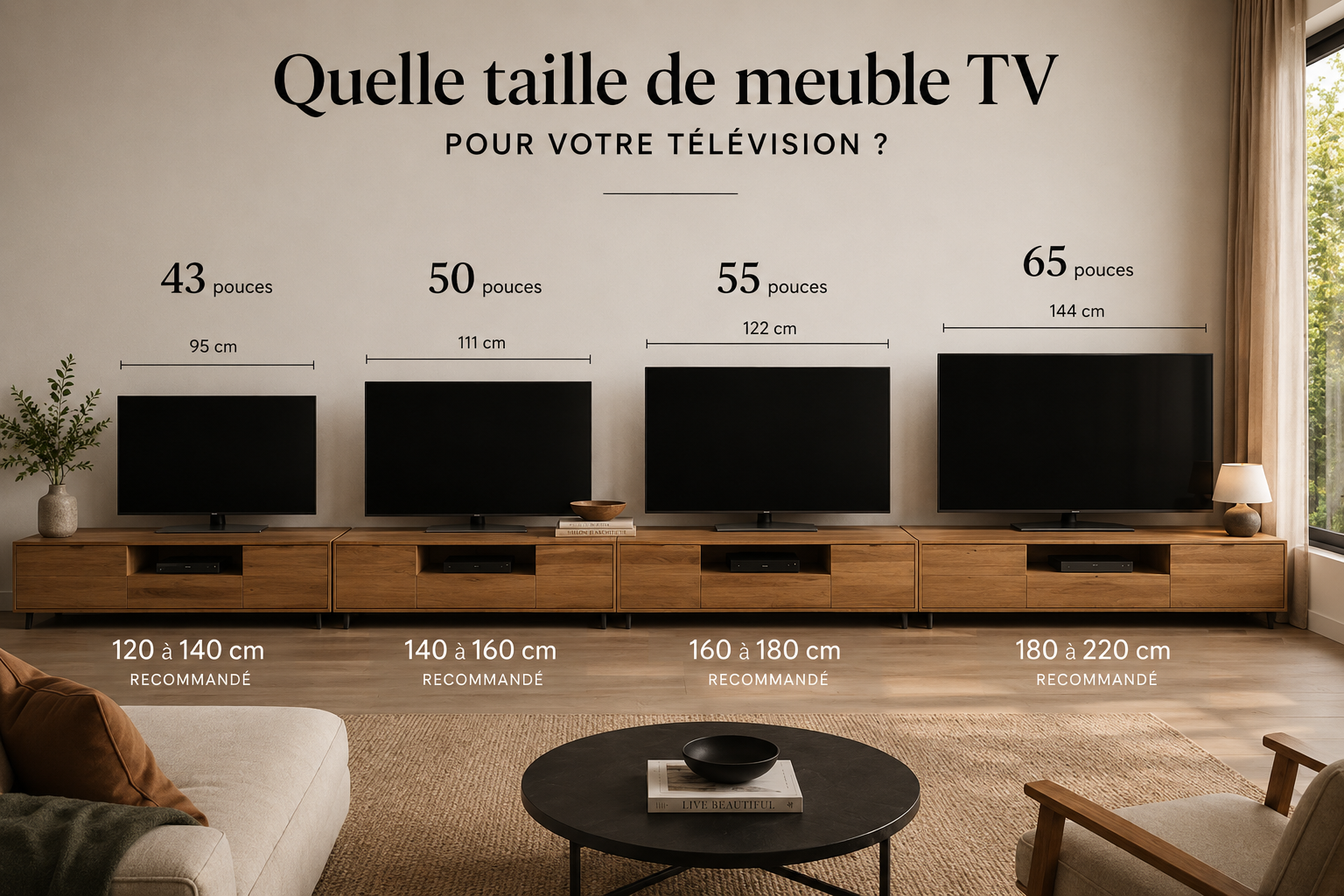 Quel meuble TV choisir pour une télévision 43,50, 55, 65 ou 75 pouces ? Guide complet 2026 Image