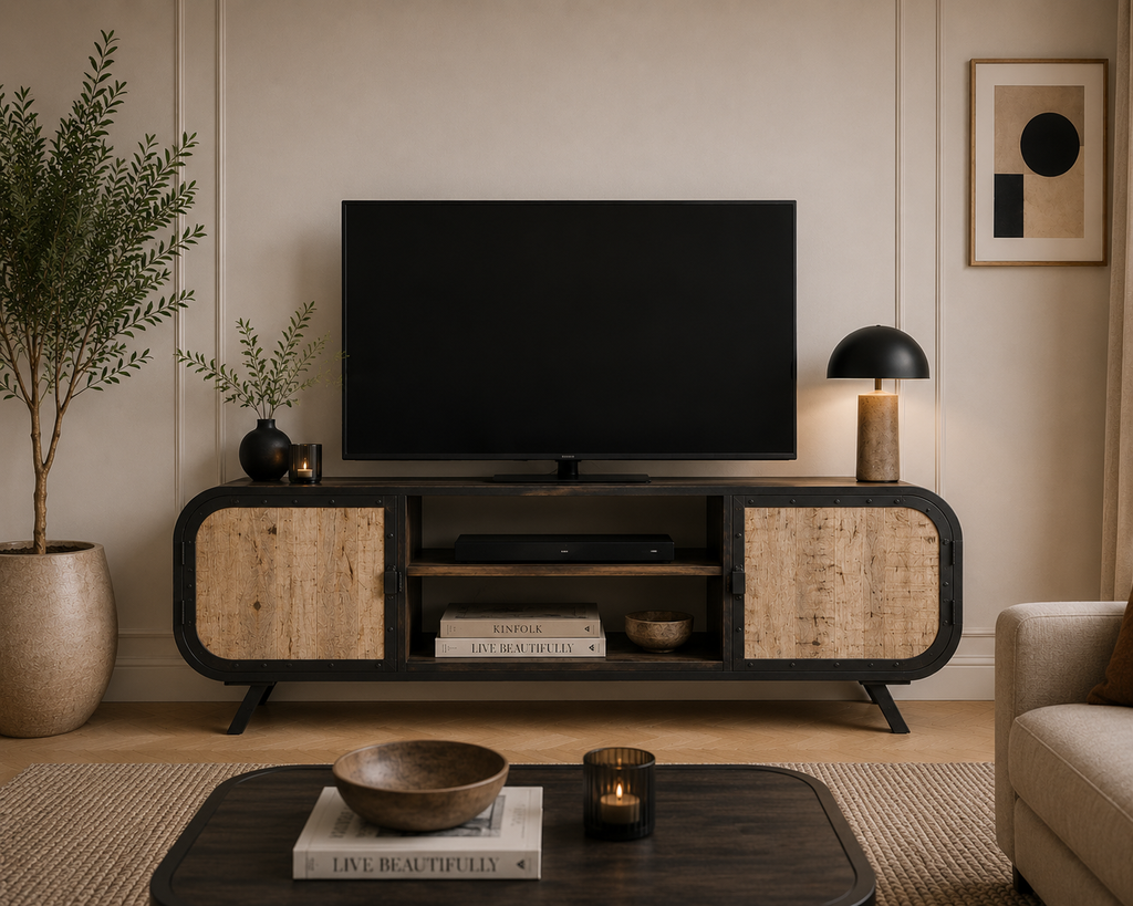 Meuble TV Industriel Arrondi Bois et Métal Noir 110 cm | Torino