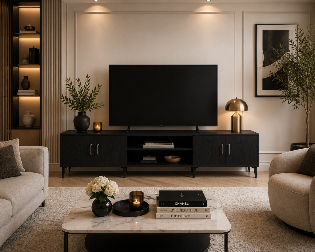 Meuble TV noir industriel de 180 cm installé dans un salon contemporain avec télévision grand format