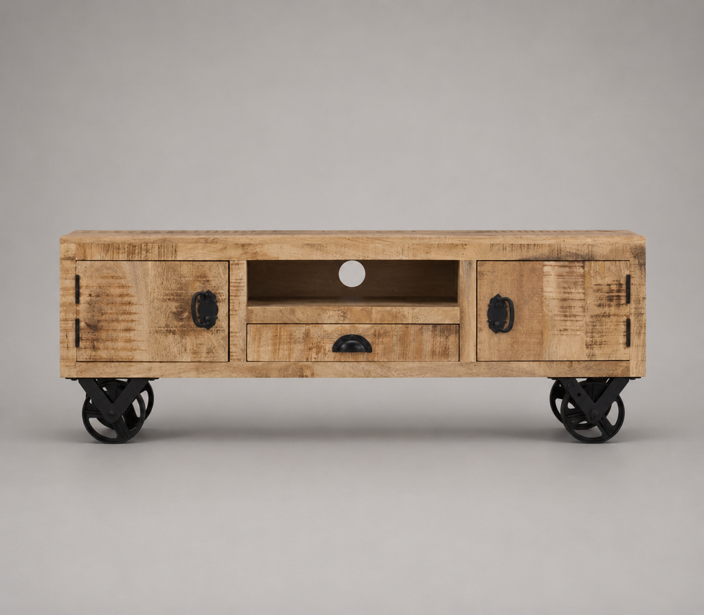 Meuble TV en bois de manguier massif 110 cm avec 2 portes, 1 tiroir central, niche ouverte et roues métalliques style industriel vintage