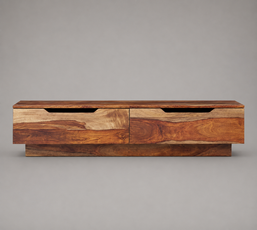 Meuble TV en bois massif 140 cm avec 2 grands tiroirs intégrés et design minimaliste en bois naturel