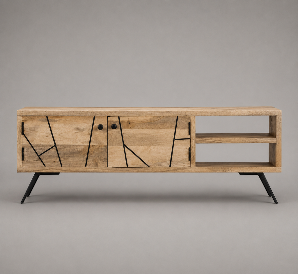 Meuble TV en bois de manguier massif 110 cm avec 2 portes de rangement, 2 niches ouvertes et pieds métal noir style industriel