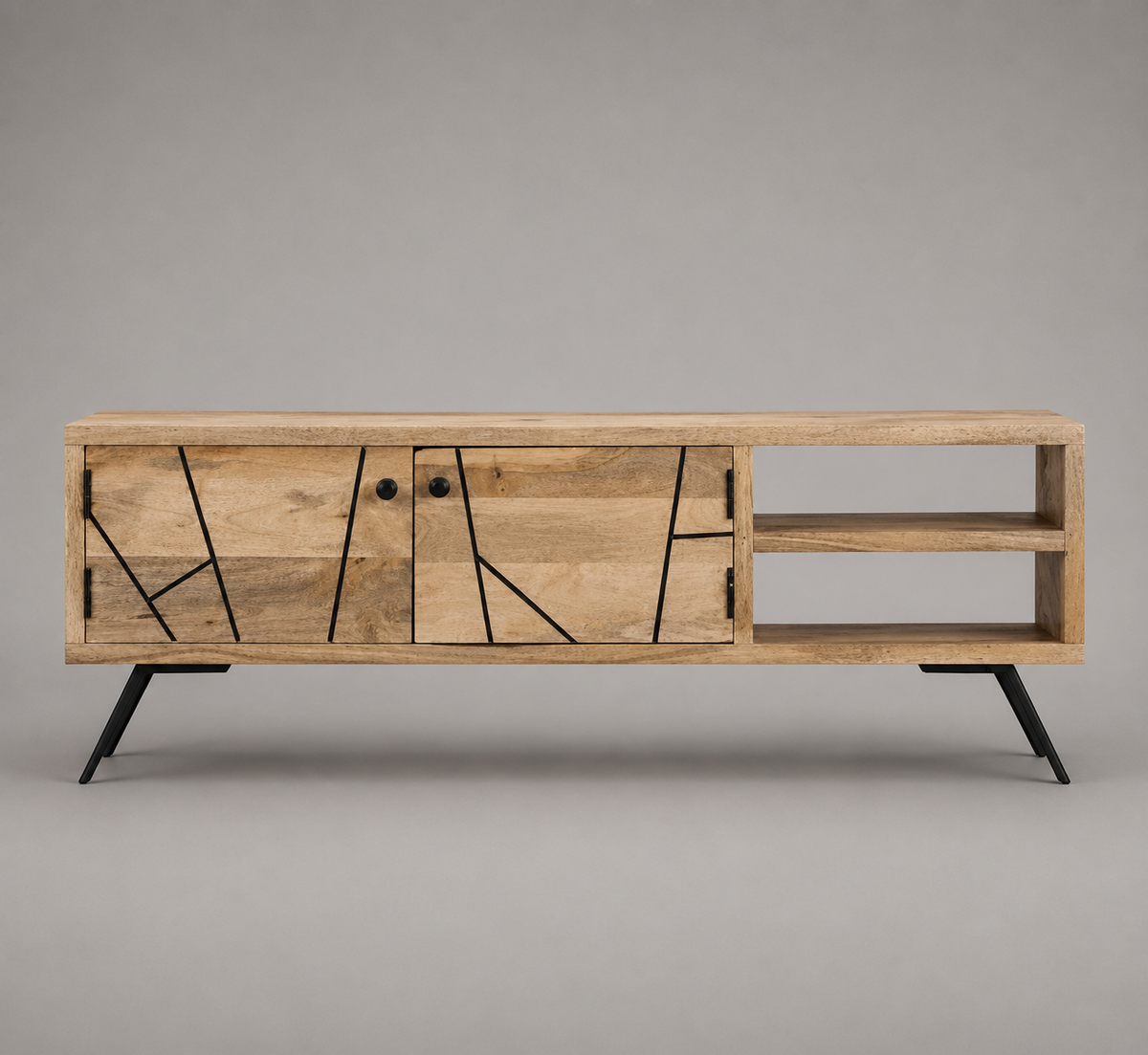Meuble TV en bois de manguier massif 110 cm avec 2 portes de rangement, 2 niches ouvertes et pieds métal noir style industriel
