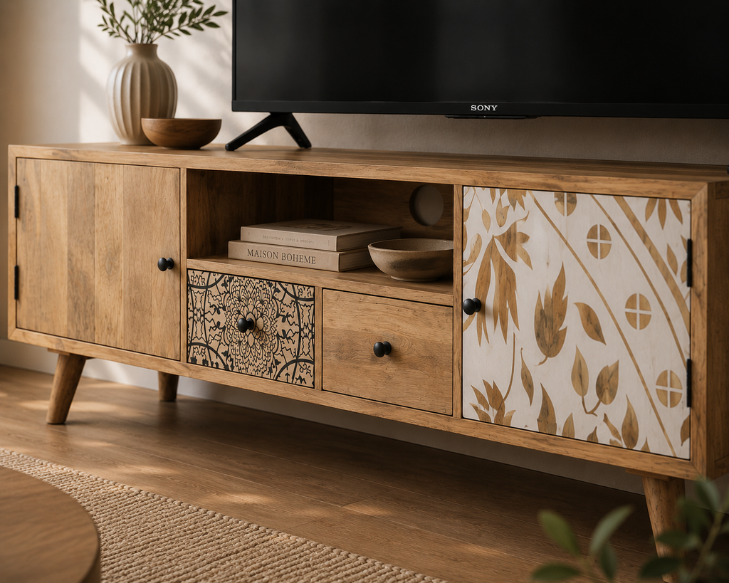 Vue rapprochée du meuble TV 140 cm avec niche ouverte, tiroirs de rangement et portes décoratives en bois de manguier massif