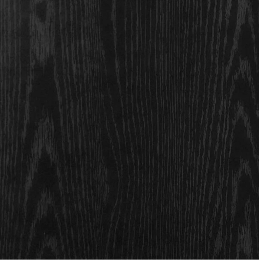 Gros plan sur la finition chêne noir du meuble TV LED mettant en valeur le veinage et la texture du bois