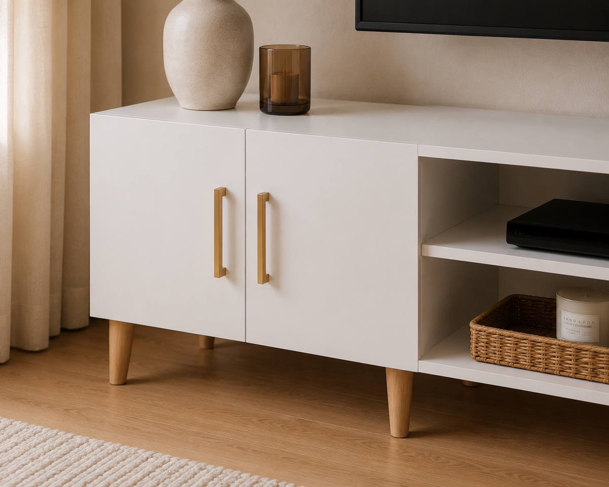 Détail du meuble TV blanc laqué avec portes de rangement, poignées dorées et niches ouvertes pour équipements multimédias