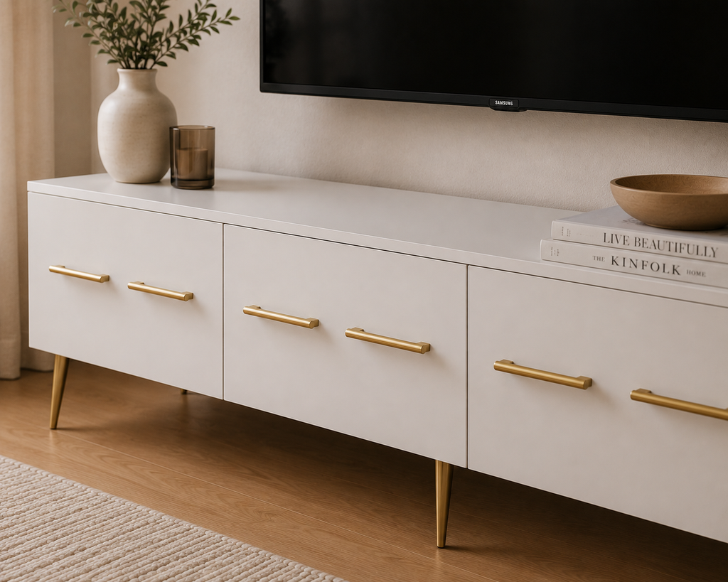 Détail des façades blanches et des poignées dorées du meuble TV moderne avec finition élégante et design minimaliste