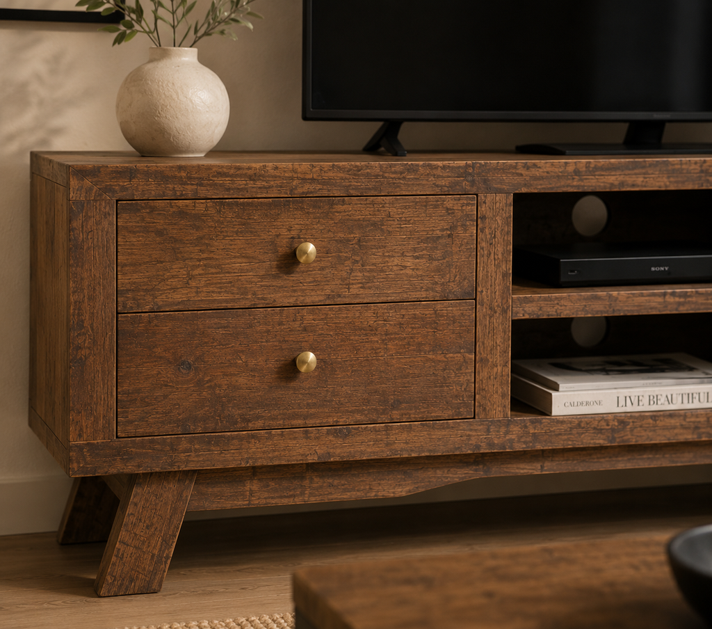 Détail du meuble TV en bois de manguier avec tiroirs de rangement, porte latérale et niches ouvertes pour équipements multimédias