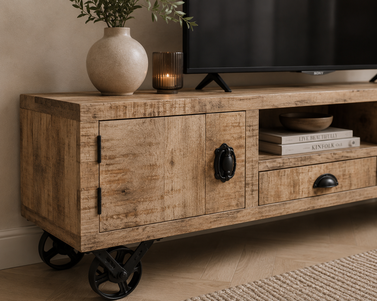 Détail du meuble TV en bois de manguier avec portes de rangement, tiroir central et structure inspirée du mobilier industriel