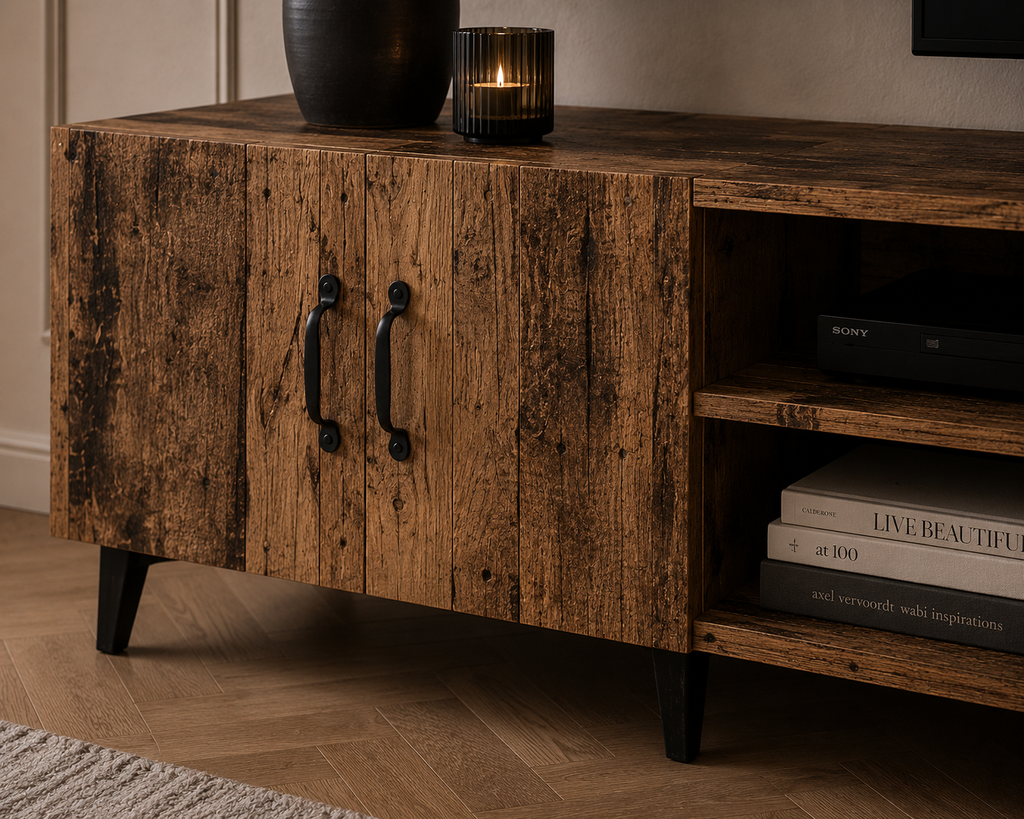 Détail des portes de rangement et des niches ouvertes du meuble TV bois style industriel avec finition effet bois naturel