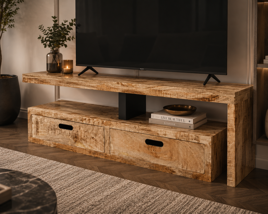 Détail du meuble TV extensible en bois de manguier massif avec tiroirs intégrés et finition bois naturel authentique