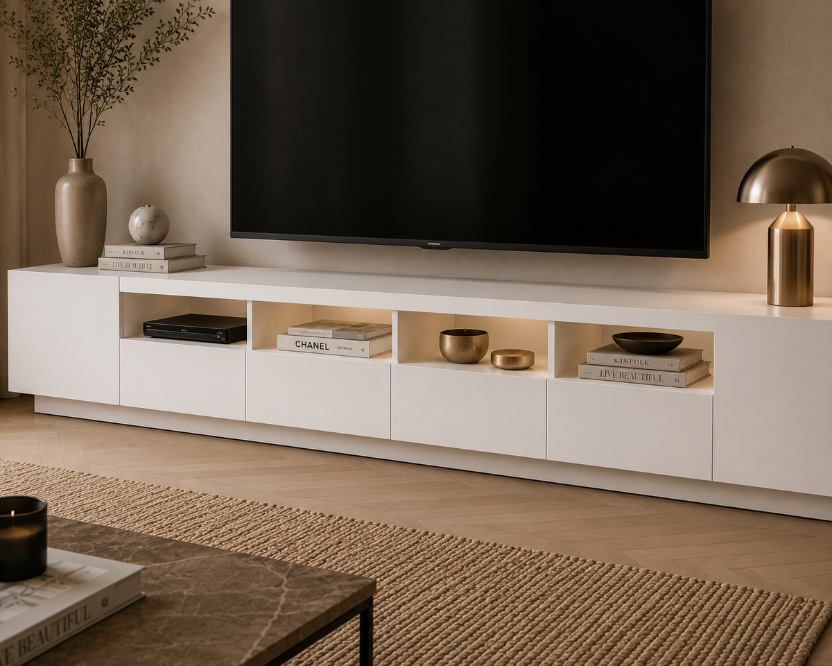 Détail des niches ouvertes avec éclairage LED intégré sur un meuble TV blanc moderne de 260 cm