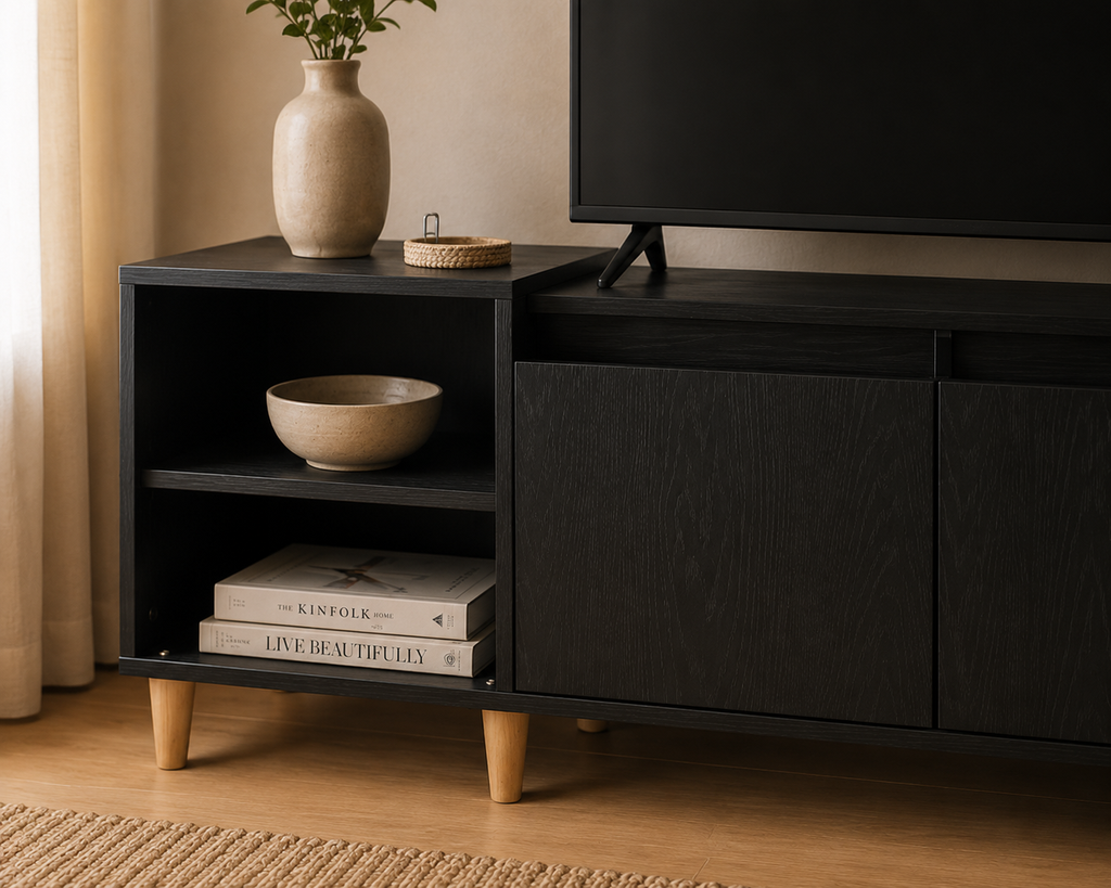 Détail du meuble TV noir effet chêne avec portes de rangement centrales, étagères ouvertes et pieds coniques en bois