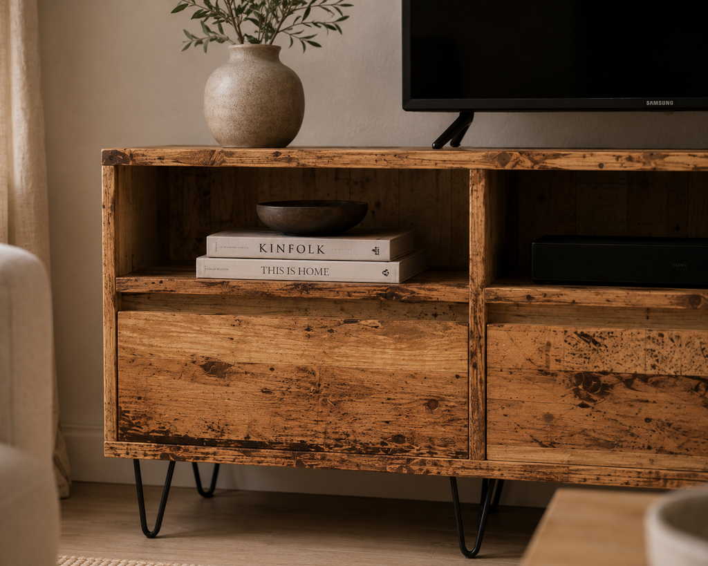 Détail des compartiments ouverts du meuble TV industriel effet vieux bois avec espace de rangement pour box internet et accessoires multimédias