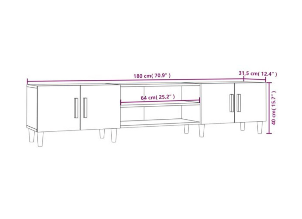 Dimensions du meuble TV blanc brillant de 180 cm avec quatre portes, deux niches ouvertes et pieds en bois naturel
