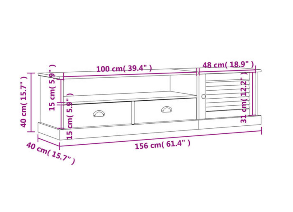 Dimensions du meuble TV blanc et bois naturel de 156 cm avec deux tiroirs, niche ouverte et porte persienne décorative