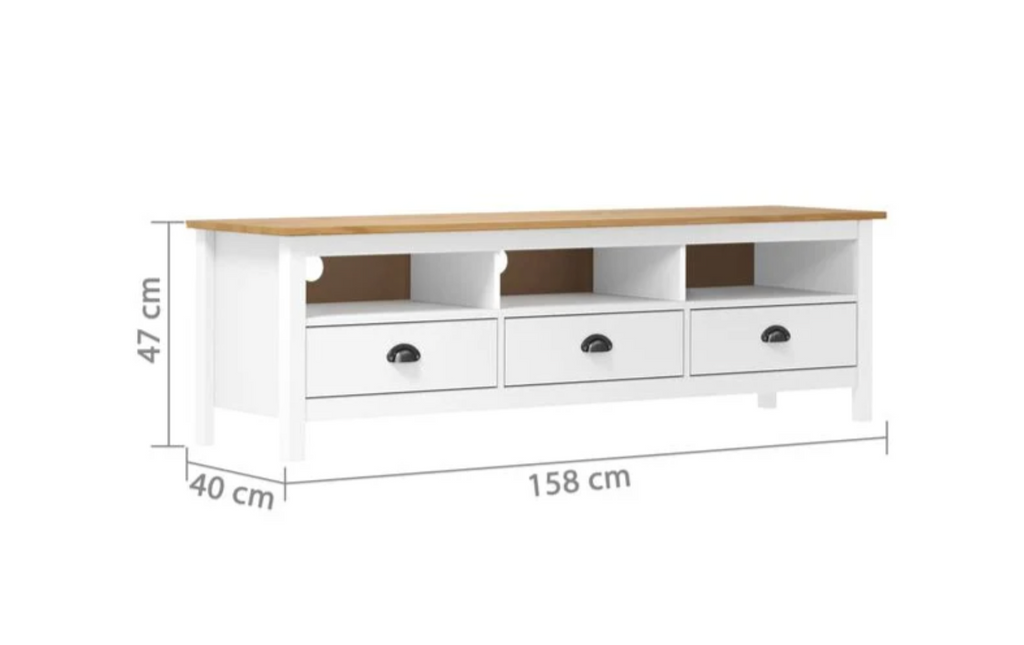 Dimensions du meuble TV blanc et bois naturel de 158 cm avec trois tiroirs, trois niches ouvertes et passe-câbles intégrés
