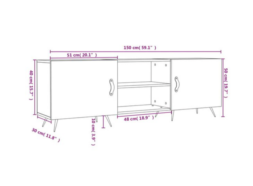 Schéma des dimensions du meuble TV blanc brillant de 150 cm avec portes, compartiments de rangement et pieds en métal noir