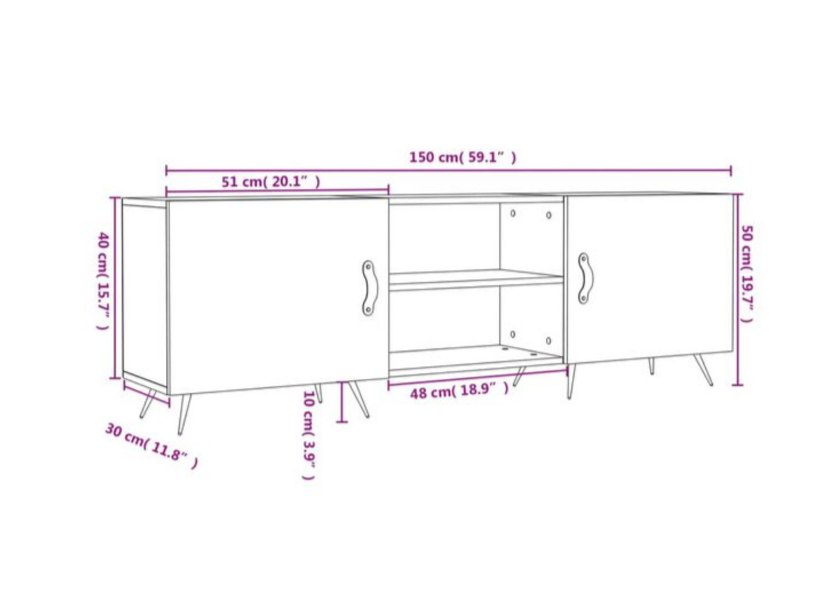 Schéma des dimensions du meuble TV blanc brillant de 150 cm avec portes, compartiments de rangement et pieds en métal noir