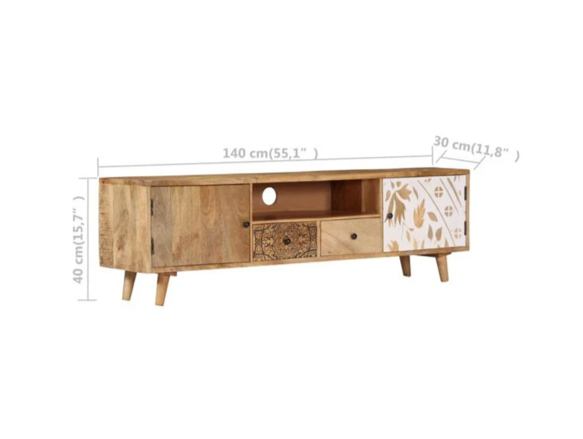Dimensions du meuble TV 140 cm en bois de manguier massif avec deux portes décoratives, deux tiroirs et niche ouverte