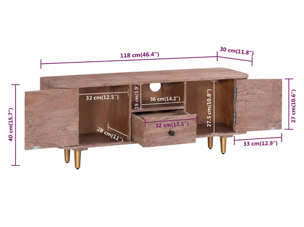 Dimensions du meuble TV en bois d’acacia massif 118 cm avec deux portes, un tiroir et niche ouverte