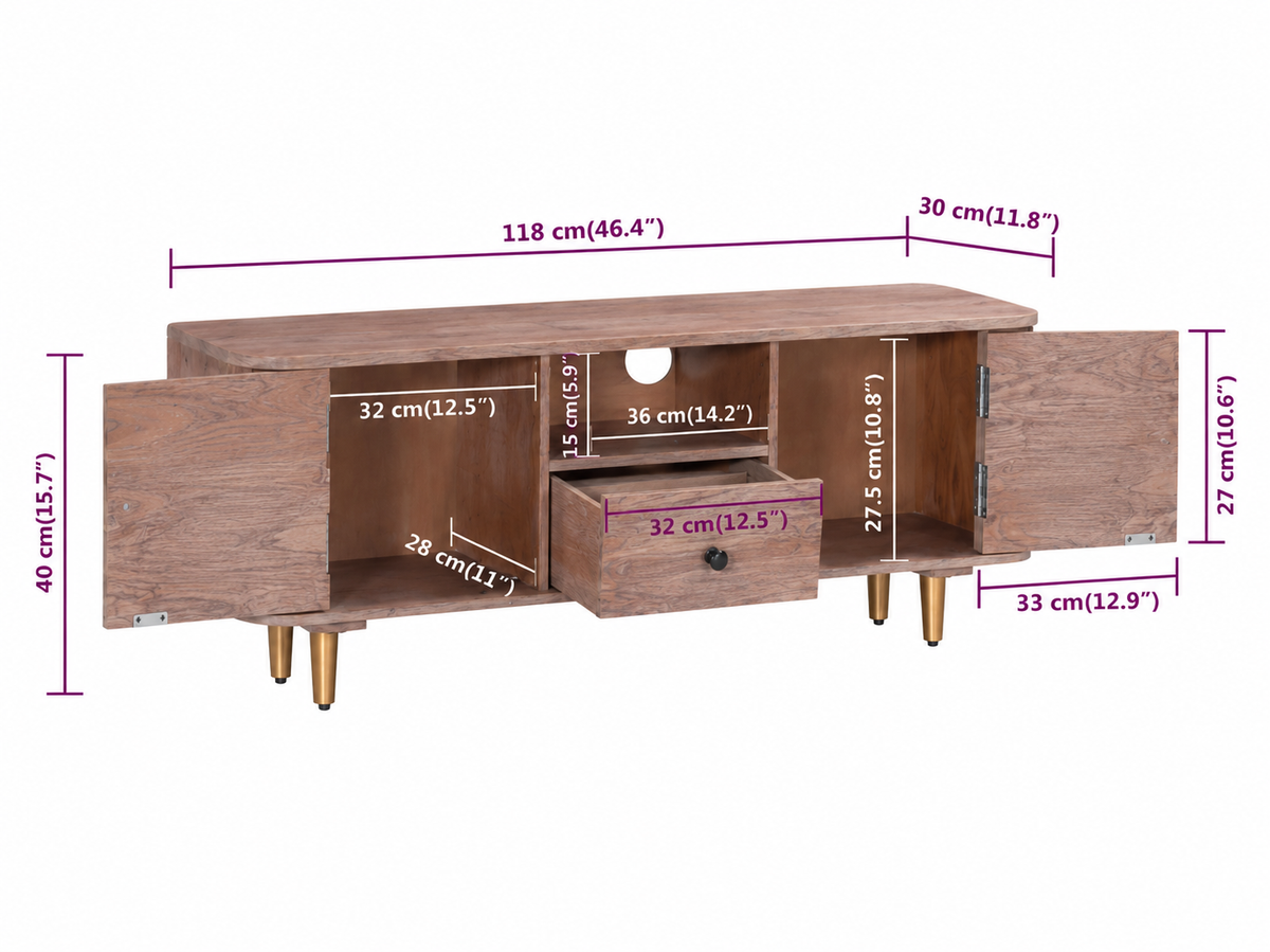 Dimensions du meuble TV en bois d’acacia massif 118 cm avec deux portes, un tiroir et niche ouverte
