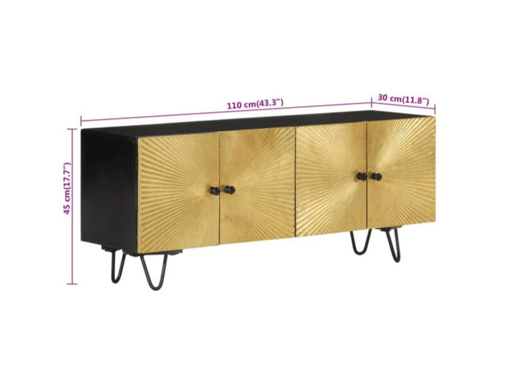 Dimensions du meuble TV en bois de manguier massif 110 cm avec 4 portes et façades dorées style Art Déco