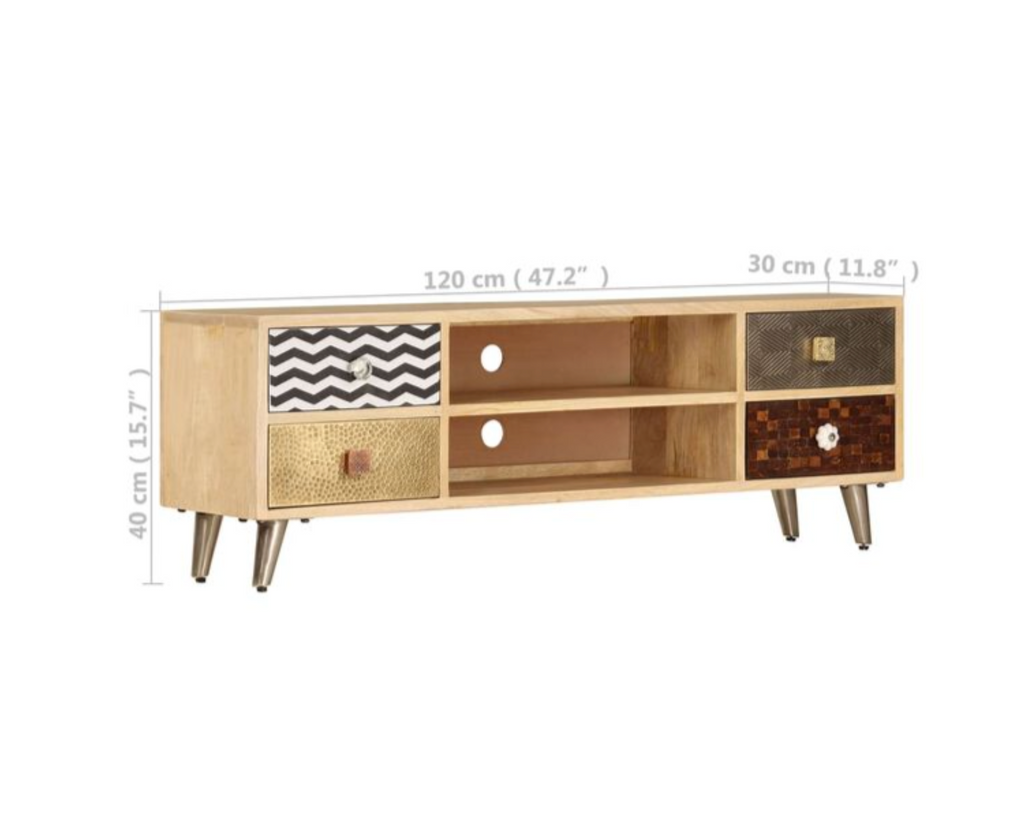 Dimensions du meuble TV en bois de manguier massif 120 cm avec 4 tiroirs et 2 niches ouvertes