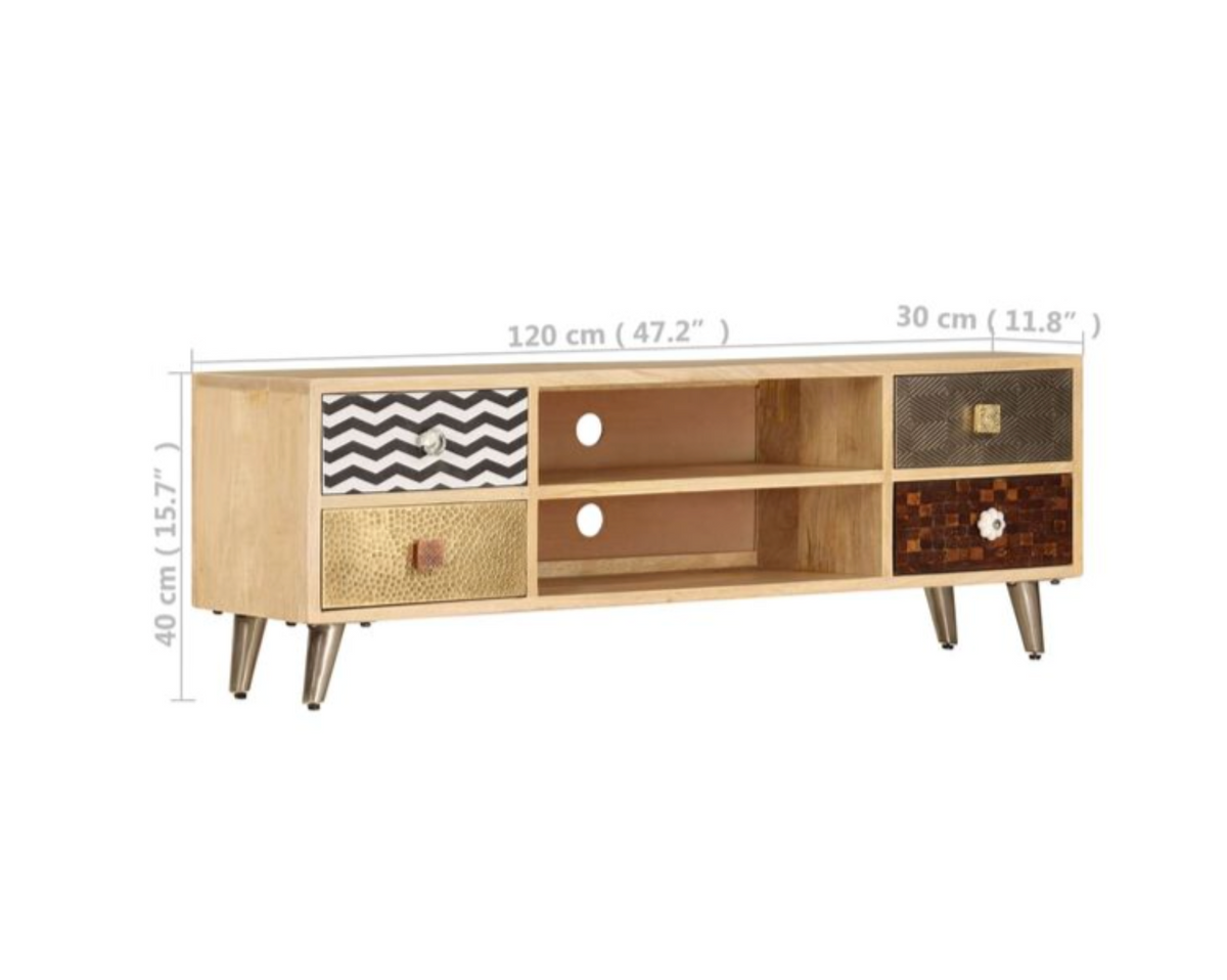 Dimensions du meuble TV en bois de manguier massif 120 cm avec 4 tiroirs et 2 niches ouvertes