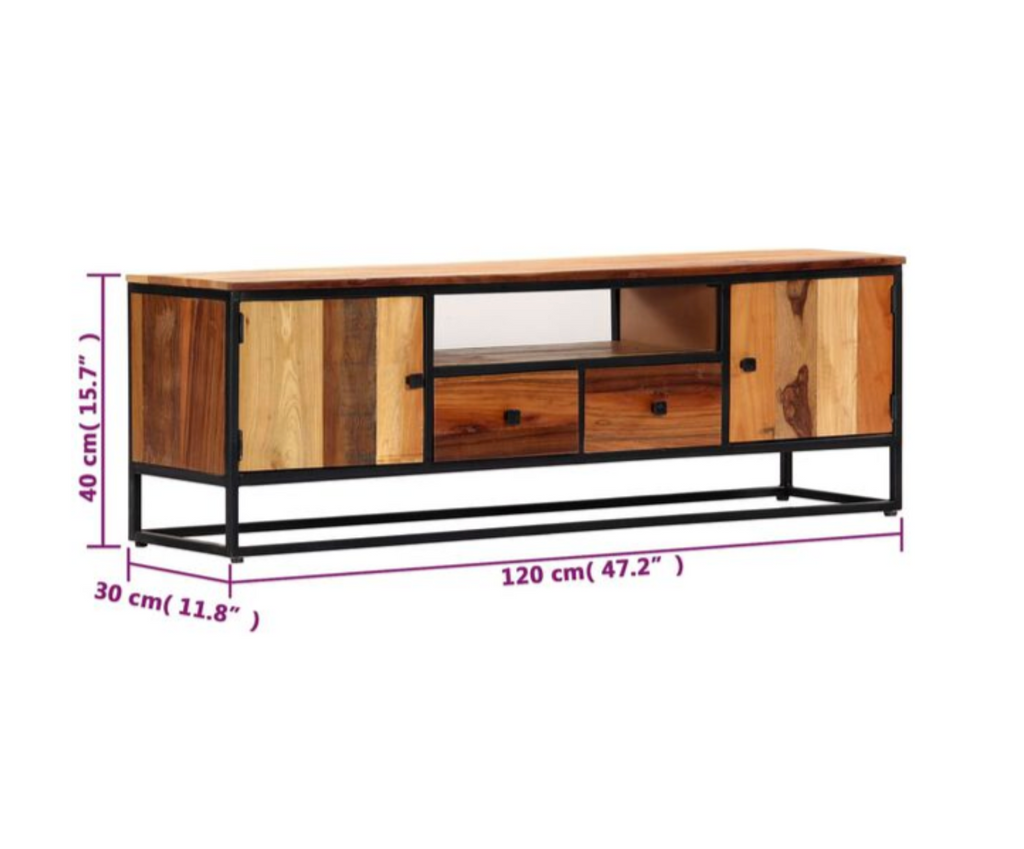 Dimensions du meuble TV en bois de récupération massif de 120 cm avec deux portes, deux tiroirs et niche ouverte