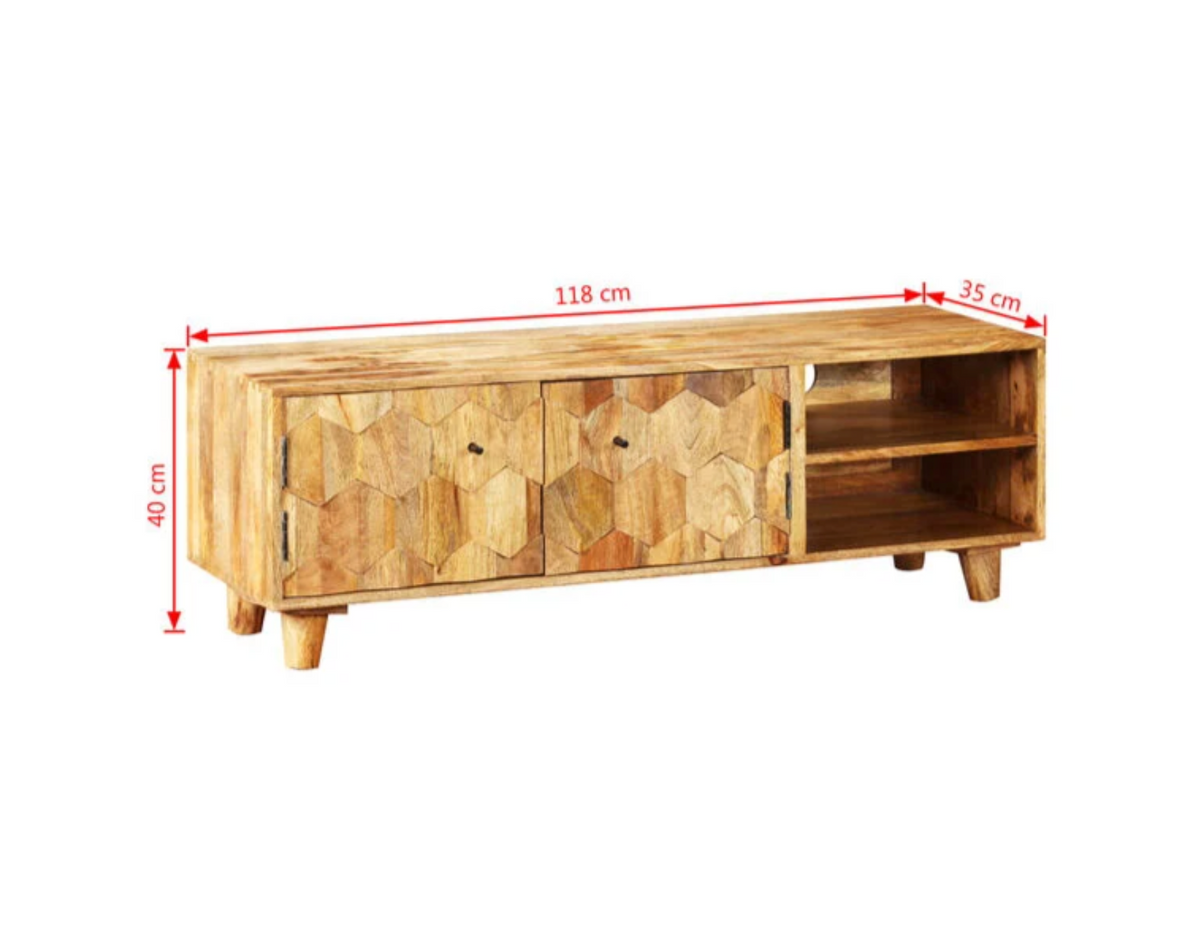 Dimensions du meuble TV en bois de manguier massif 118 cm avec portes sculptées et niches ouvertes