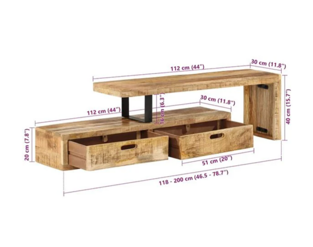 Dimensions du meuble TV extensible en bois de manguier massif réglable de 118 à 200 cm avec structure modulable