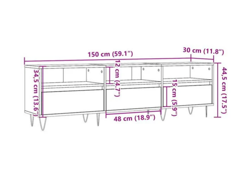 Schéma des dimensions du meuble TV industriel effet vieux bois de 150 cm avec six compartiments de rangement ouverts