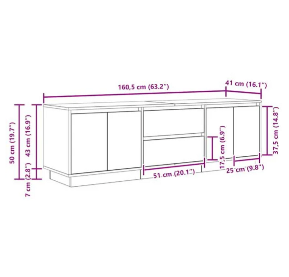 Schéma des dimensions du meuble TV LED 160 cm avec 4 portes, 2 tiroirs et éclairage intégré finition chêne fumé