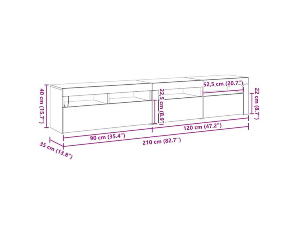 Schéma des dimensions du meuble TV LED noir 240 cm avec 3 portes, 4 étagères et configuration en deux modules