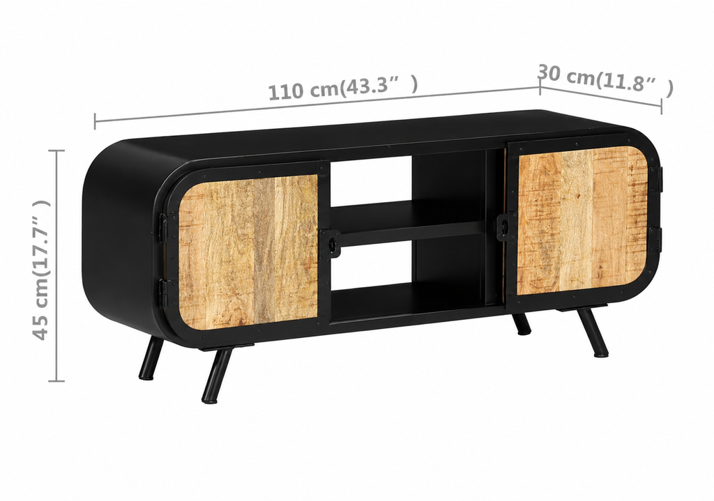 Dimensions du meuble TV en bois de manguier massif 110 cm avec deux portes et deux niches ouvertes style industriel