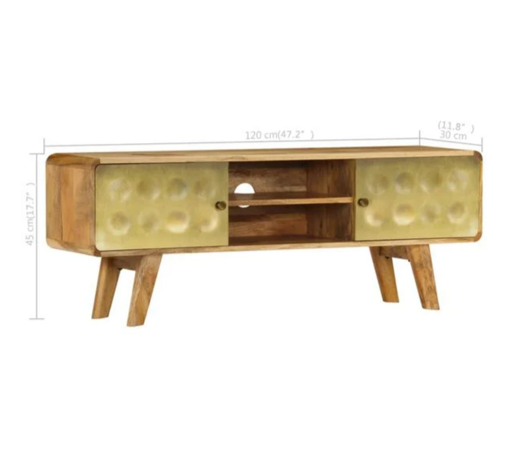 Schéma des dimensions du meuble TV en bois de manguier massif 120 cm avec façades dorées et rangements intégrés