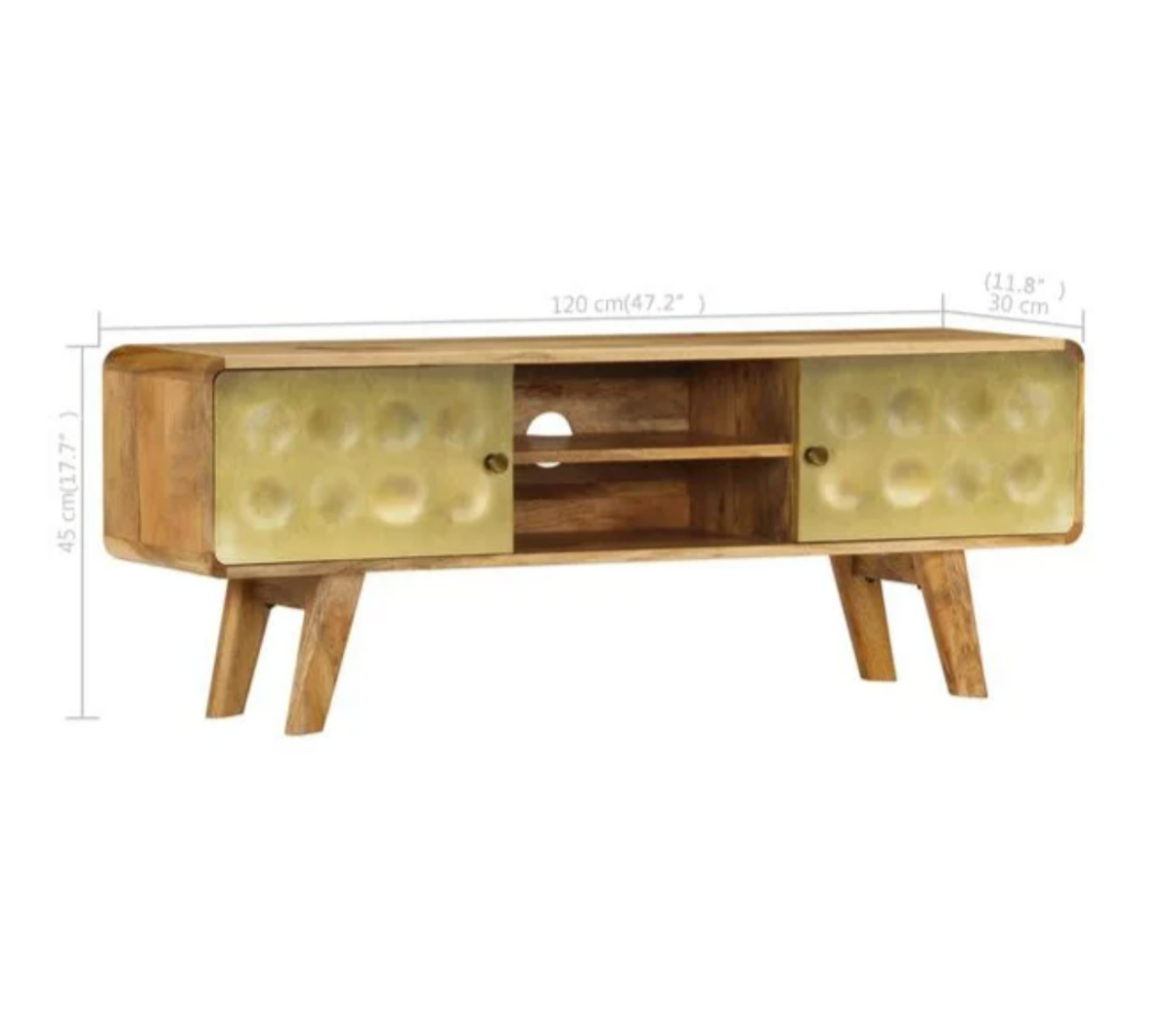 Schéma des dimensions du meuble TV en bois de manguier massif 120 cm avec façades dorées et rangements intégrés
