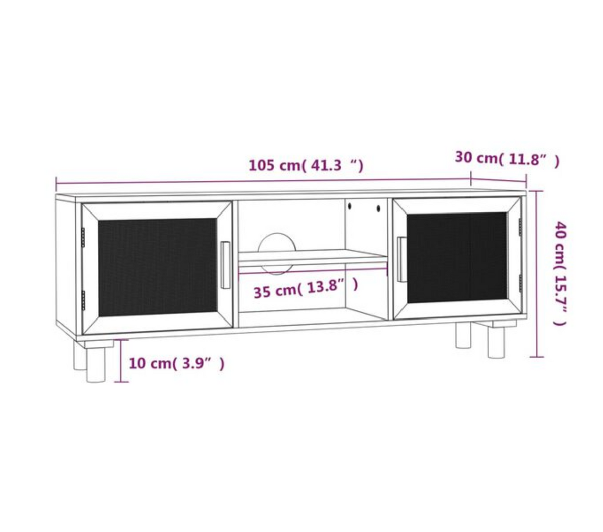 Dimensions du meuble TV noir mat de 105 cm avec portes en rotin tressé, niches ouvertes et pieds en bois massif