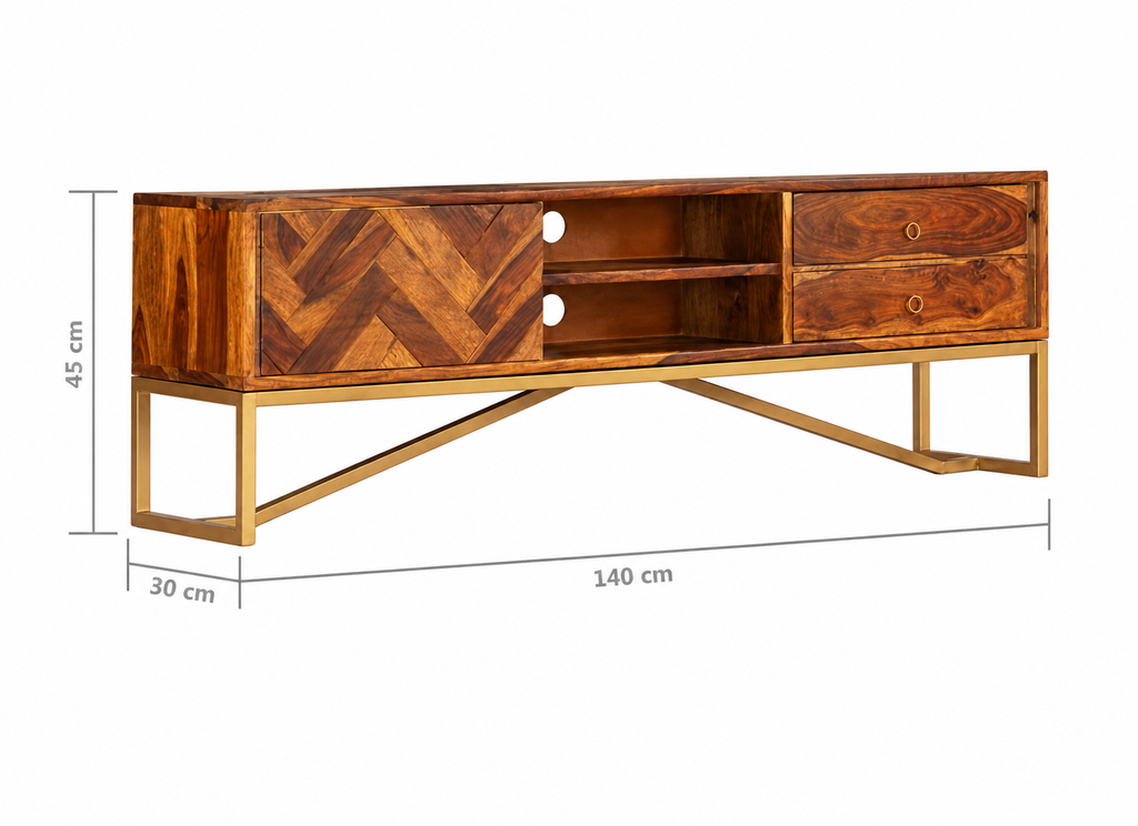 Dimensions du meuble TV en bois de Sesham massif 140 cm avec façade chevrons, tiroirs et niches ouvertes