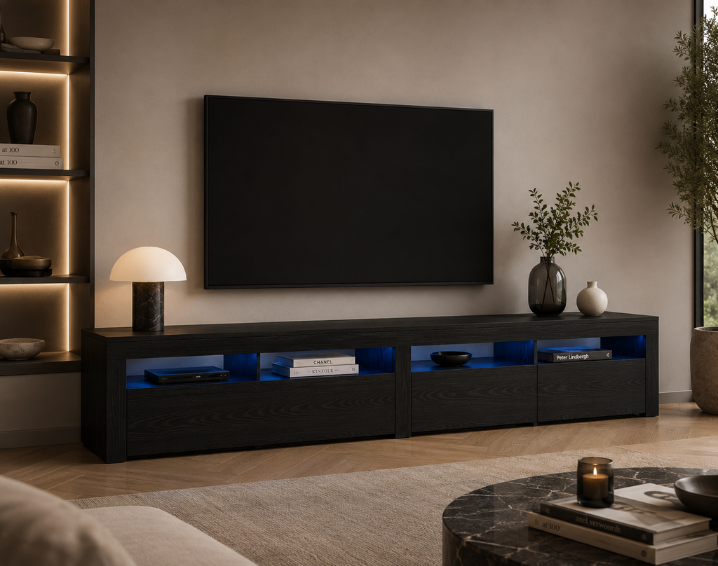 Meuble TV LED 240 cm noir avec modules de rangement et éclairage intégré dans un intérieur contemporain élégant