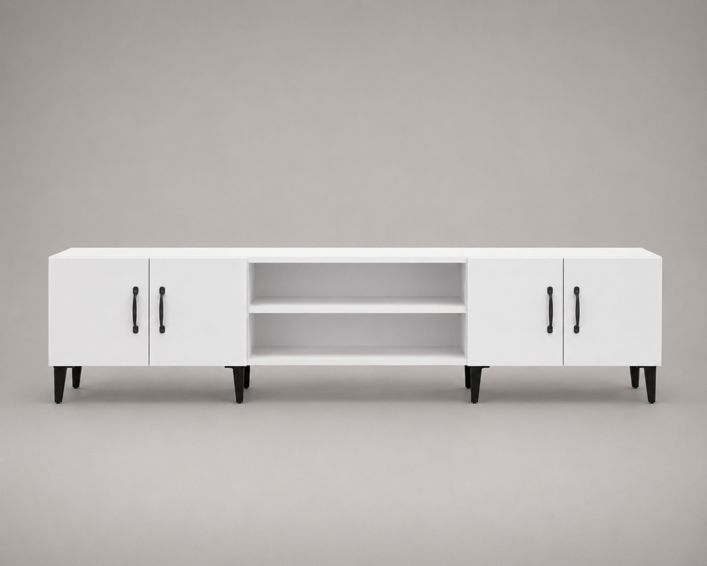 Meuble TV blanc contemporain 180 cm avec rangements fermés et niches ouvertes installé dans un salon élégant et lumineux