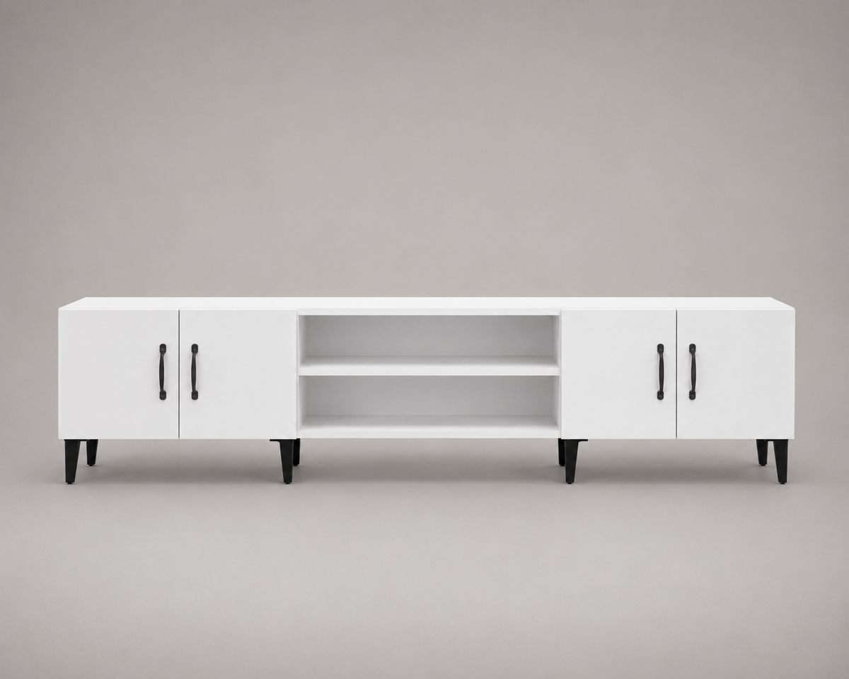 Meuble TV blanc contemporain 180 cm avec rangements fermés et niches ouvertes installé dans un salon élégant et lumineux