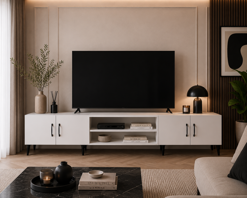 Meuble TV blanc contemporain 180 cm avec rangements fermés et niches ouvertes installé dans un salon élégant et lumineux