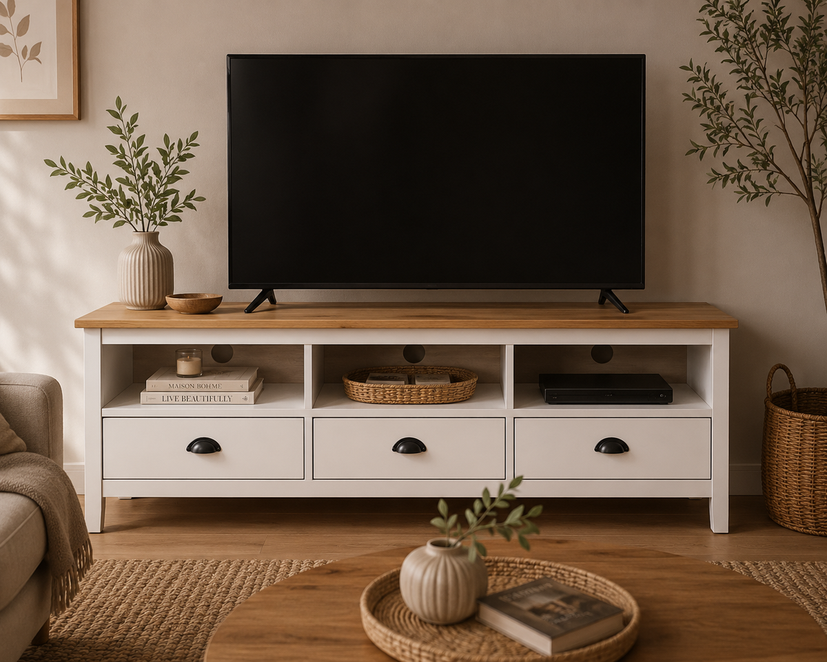 Meuble TV blanc et bois naturel en pin massif installé dans un salon campagne chic avec télévision, rangements ouverts et tiroirs