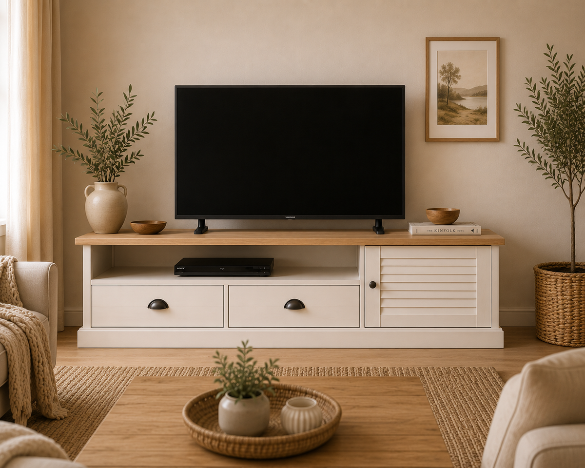 Meuble TV blanc et bois naturel 156 cm avec porte persienne, deux tiroirs de rangement et niche ouverte, meuble TV campagne chic en bois de pin massif pour salon scandinave
