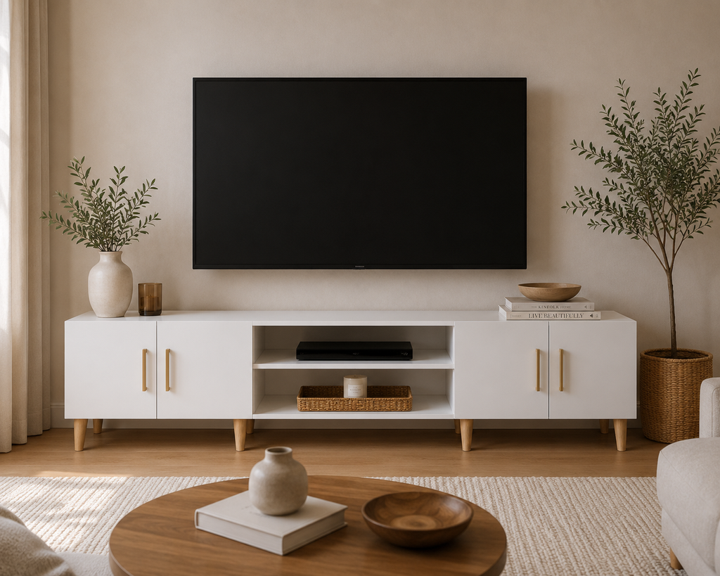 Meuble TV blanc brillant de 180 cm installé dans un salon moderne avec télévision, poignées dorées, niches ouvertes et rangements fermés