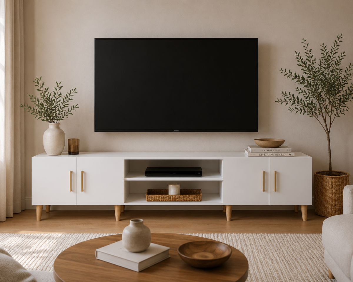 Meuble TV blanc brillant de 180 cm installé dans un salon moderne avec télévision, poignées dorées, niches ouvertes et rangements fermés