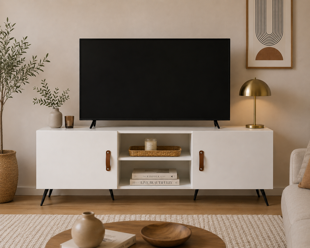 Meuble TV blanc brillant installé dans un salon moderne avec télévision, rangements fermés et niches ouvertes pour équipements multimédias