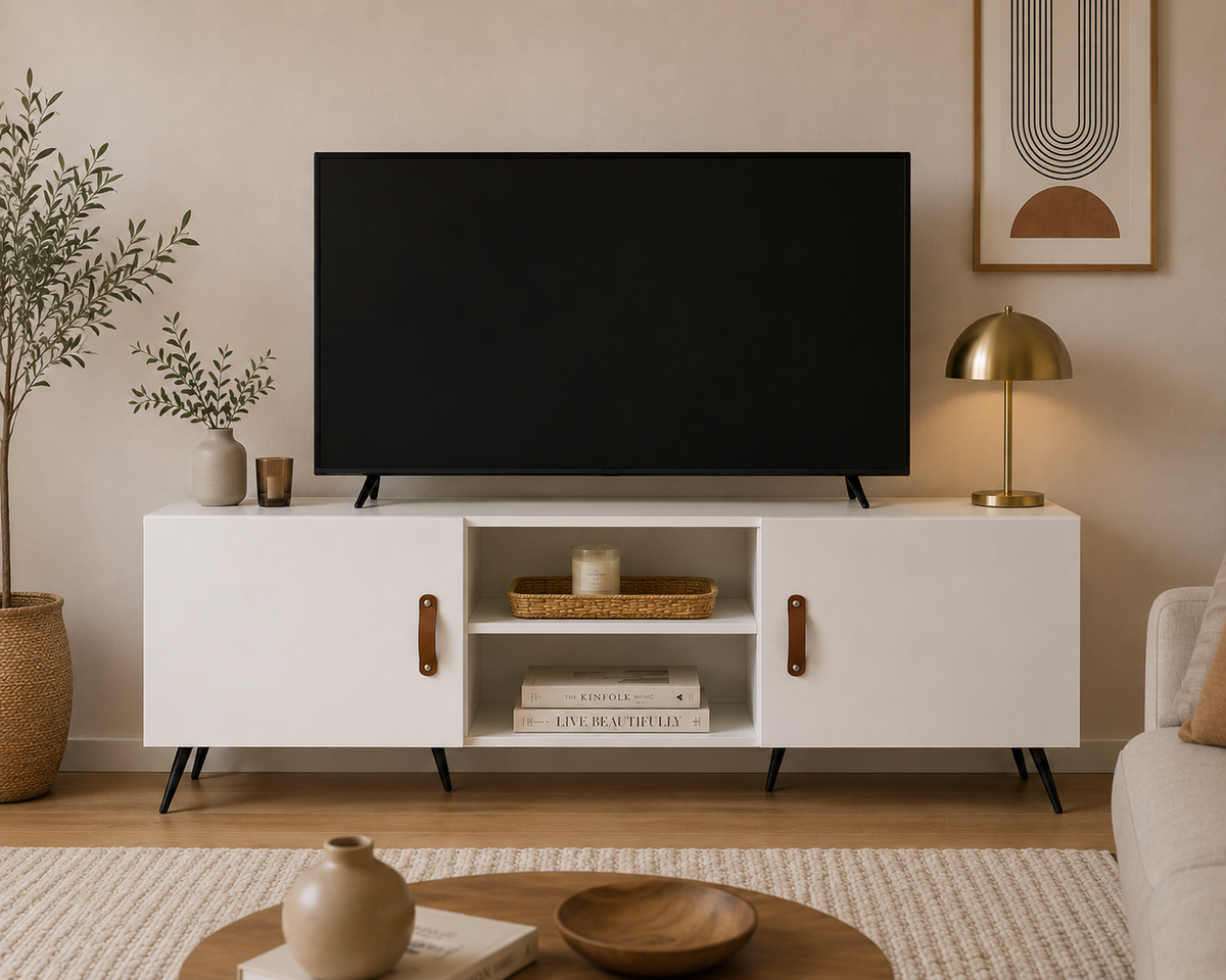 Meuble TV blanc brillant installé dans un salon moderne avec télévision, rangements fermés et niches ouvertes pour équipements multimédias